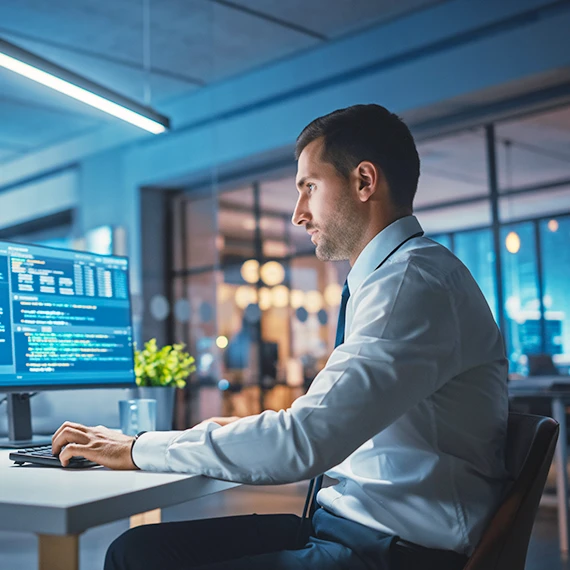 Symbolbild: IT-Spezialist arbeitet am Computer an einem modernen Arbeitsplatz – Visualisierung von Managed Services, operativem Betrieb, SLAs und IT-Security durch SOLEVO