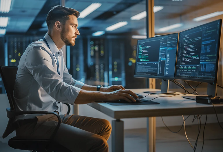 Symbolbild: IT-Experte am Arbeitsplatz mit zwei Monitoren bei der Konfiguration sicherer Systeme – Service-Outsourcing & Operations Management