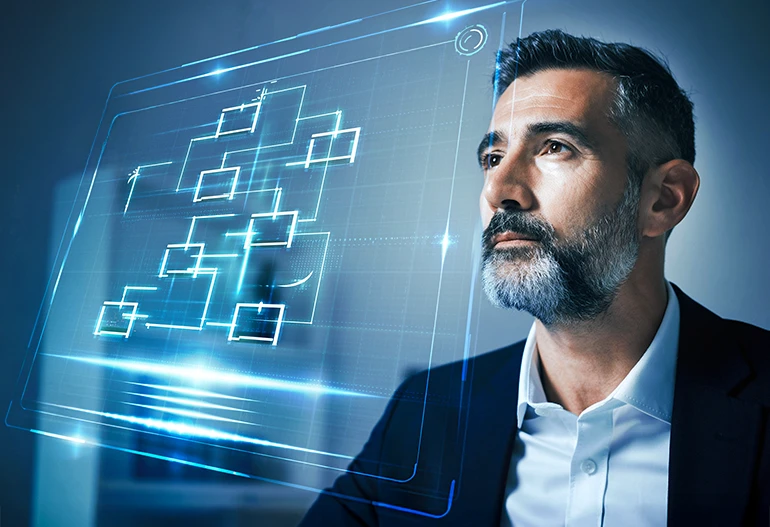 Symbolbild: Ein Mann betrachtet ein komplexes Prozessdiagramm – Beratung für digitale Workflows & effiziente Dokumentenprozesse