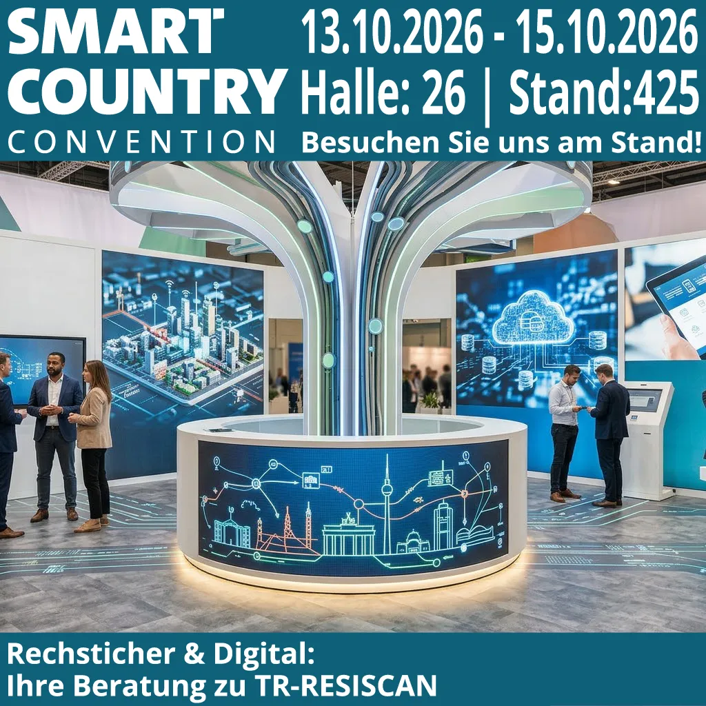 Moderner, digitaler Messestand auf der Smart Country Convention (SCCON) mit interaktiven Displays, leuchtenden Netzwerkgrafiken und Beratergruppe im Gespräch.